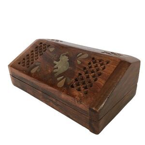 Hand Carved Wood Dresser Box Trinket Jewelry Inlaid Brass Elephant Antique Vtg